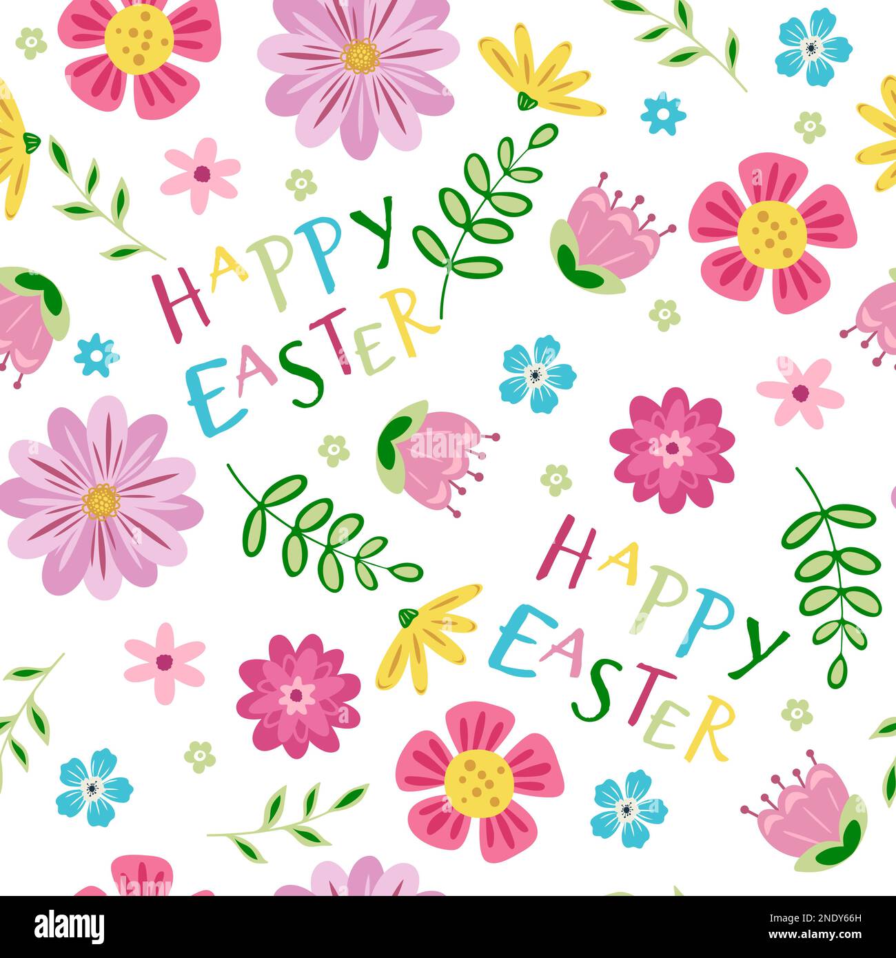 Seamless pattern with beautiful flowers and leaves. Cute easter pattern Stock Vector