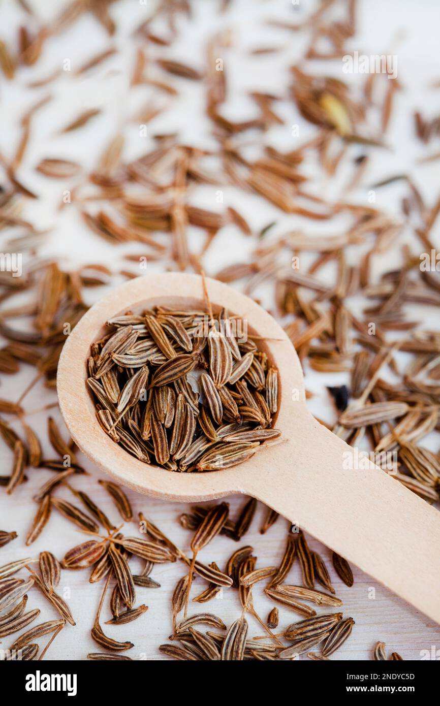 Caraway or Cumin seeds close up with selective focus in wooden scoop Stock Photo