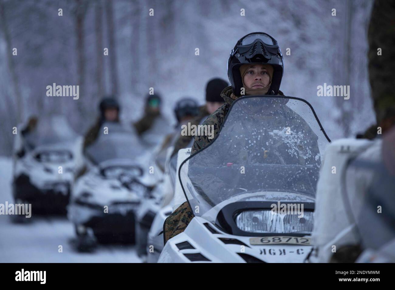 Setermoen, Norway. 31st Jan, 2023. U.S. Marine Corps 1st Lieutenant Zachary Cook, a platoon commander with 2d Combat Engineer Battalion, 2d Marine Division participates in a snowmobile course as part of Marine Rotational Forces Europe 23.1 in Setermoen, Norway Jan. 31, 2023. MRF-E focuses on regional engagements throughout Europe by conducting various exercises, mountain-warfare training, and military-to- military engagements which enhance overall interoperability of the U.S. Marine Corps with allies and partners. (photo by Megan Ozaki) (Credit Image: © U.S. Marines/ZUMA Press Wire Service Stock Photo