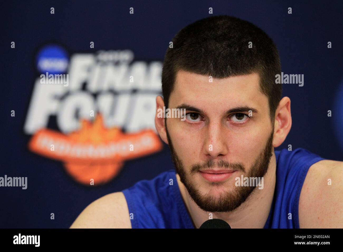 Duke Blue Devils' Brian Zoubek during an interview session for the NCAA Final Four college basketball tournament Thursday, April 1, 2010, in Indianapolis. (AP Photo/Michael Conroy) Stock Photo