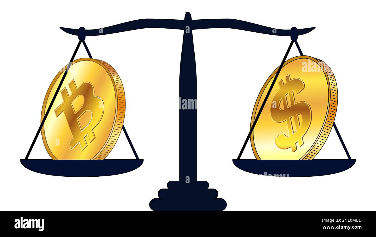 Gold coin of Bitcoin BTC and american dollar USD on scales isolated on  white background. Laws on digital assets CBDC. Vector illustration Stock  Photo - Alamy