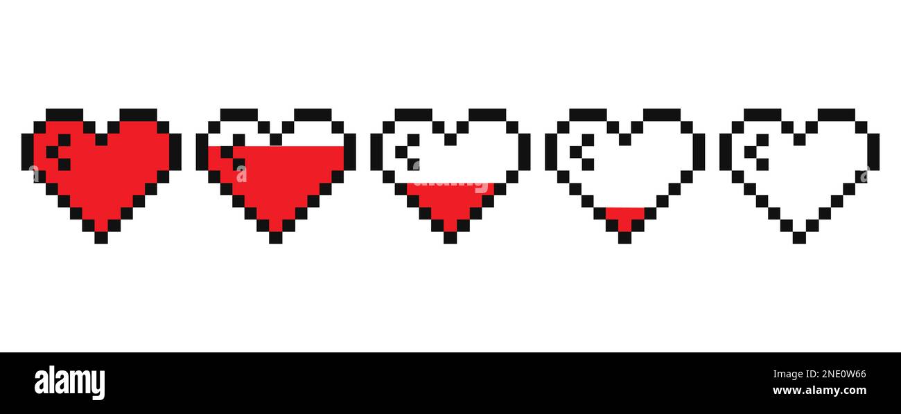 Pixel heart life bar set vector illustration. Heart in 8 bit style. Pixel heart icon. Stock Vector