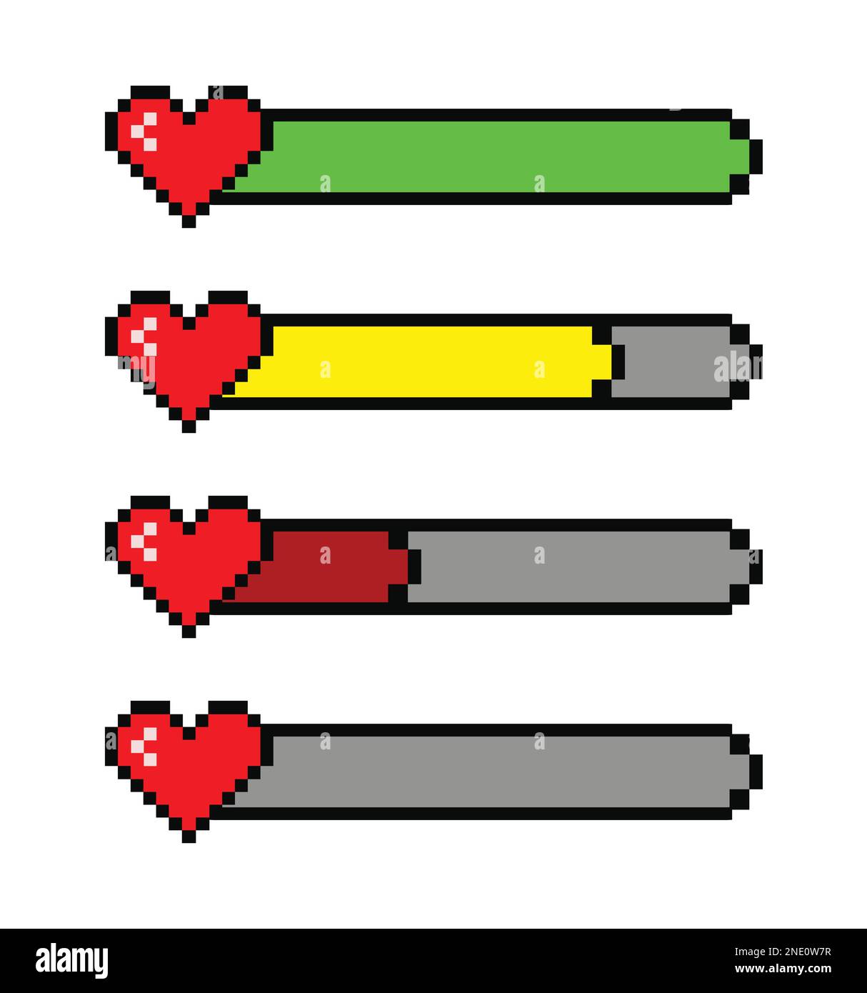 Pixel heart life bar set vector illustration. Heart in 8 bit style. Pixel game icons in retro style. Stock Vector