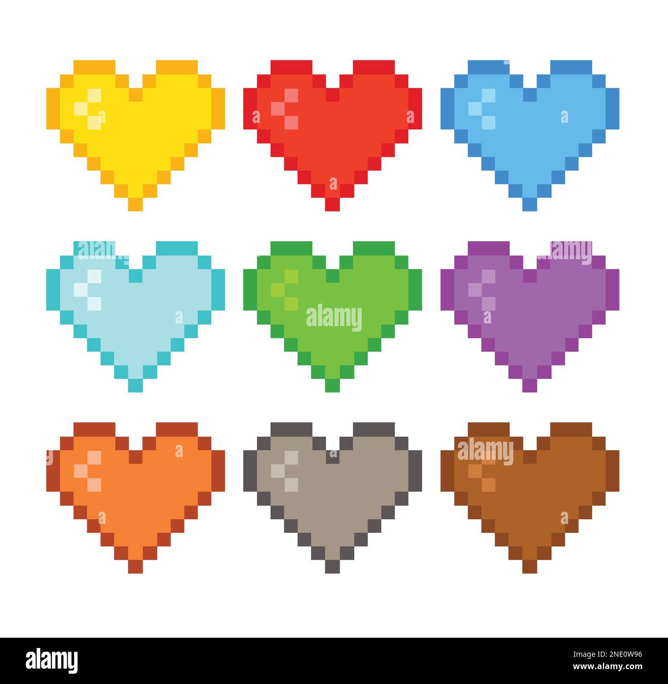 Colorful pixel heart icon set. Heart in 8 bit style. Set of pixel gaming icon in retro style. Stock Vector