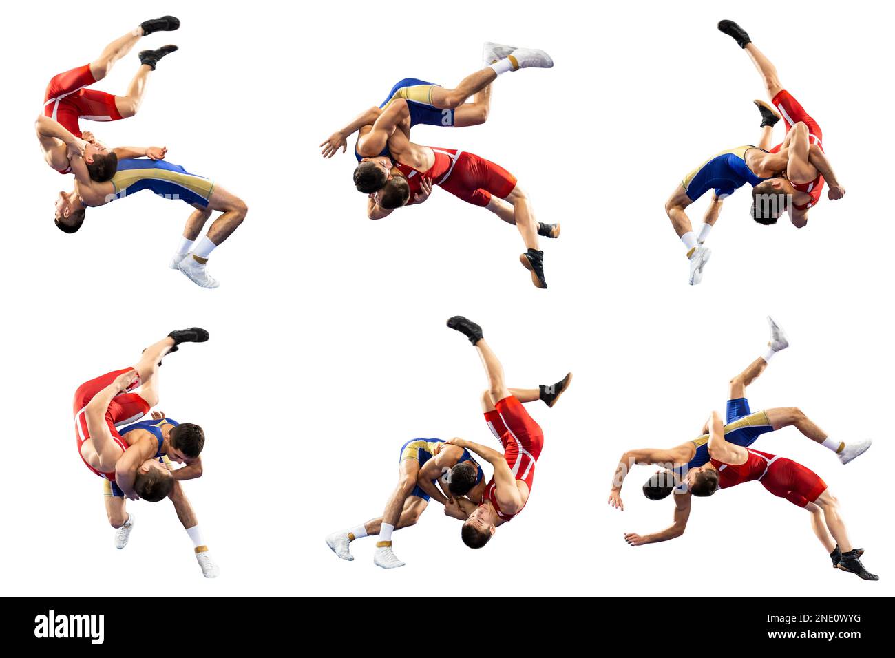 A set of high wrestling throws, tricks. Two young male athletes in blue