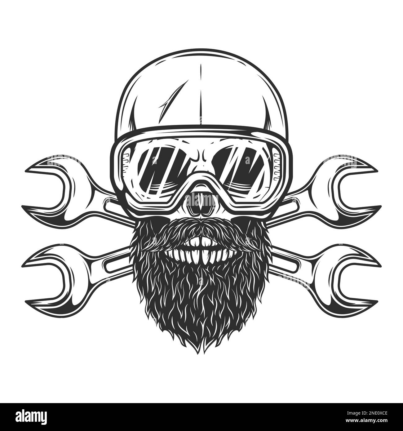Skull with mustache and beard in safety glasses with body shop repair car and truck mechanic service tool crossed spanner or construction builder Stock Photo