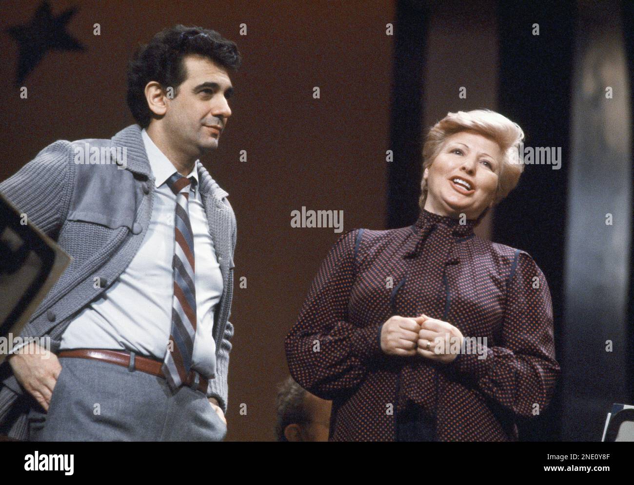 Tenor Placido Domingo with Pilar Lorengar are shown during rehearsals