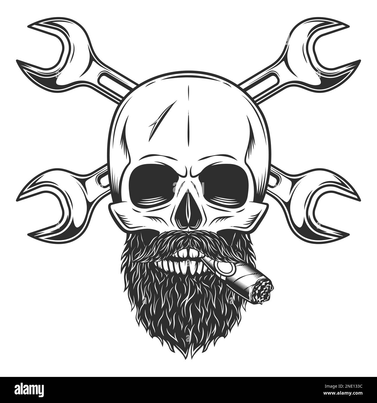 Skull with mustache and beard with smoking cigar or cigarette and construction plumbing wrench or repair car and truck mechanic service tool Stock Vector