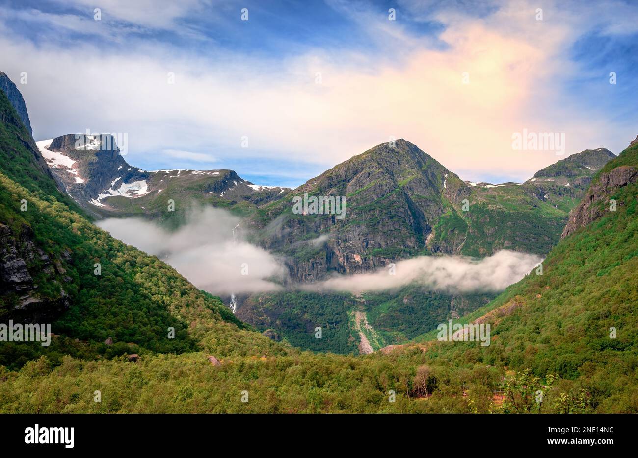 Scenic Norwegian landscape in the summer. Trail from the Mountain Lodge to Briksdal, Jostedal Glacier National Park, Norway. Stock Photo