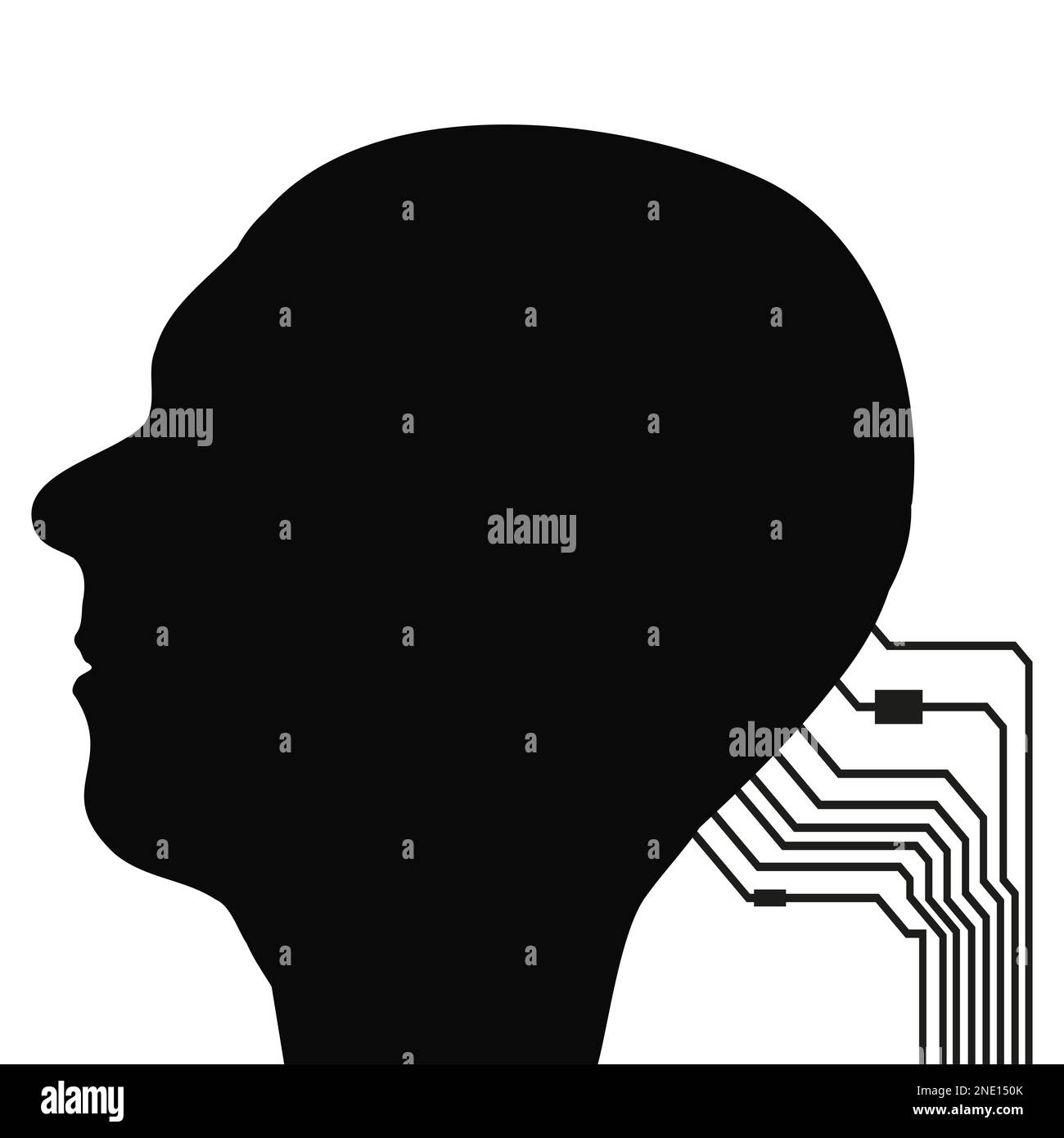 Silhouette of human head in profile with circuit board tracks on back ...