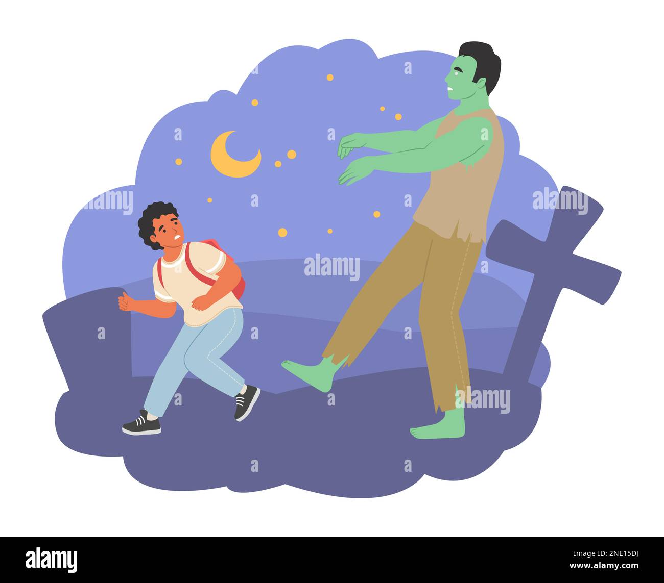 Child fears vector. Little boy running away scared of zombie