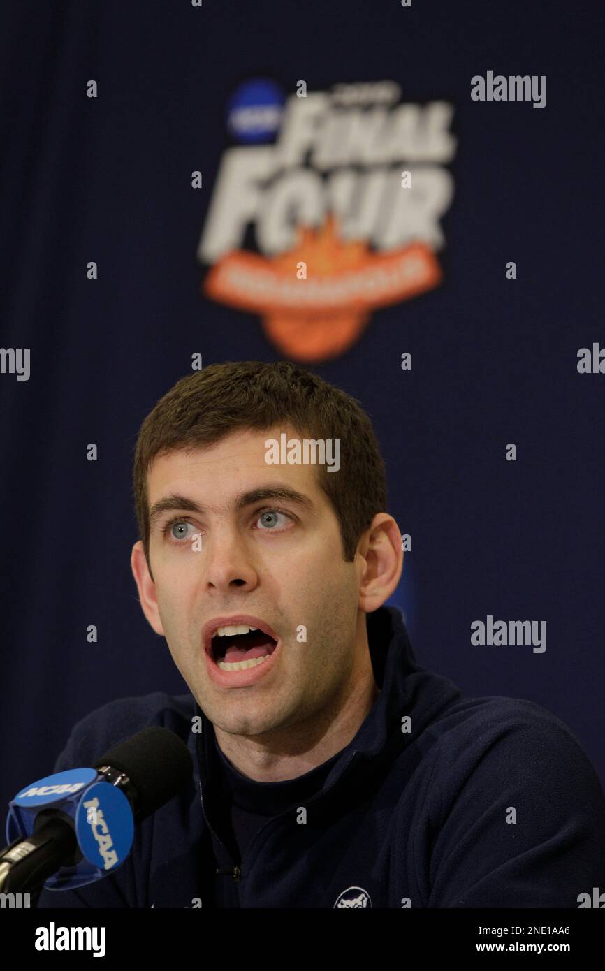 Butler head coach Brad Stevens speaks during an interview session for