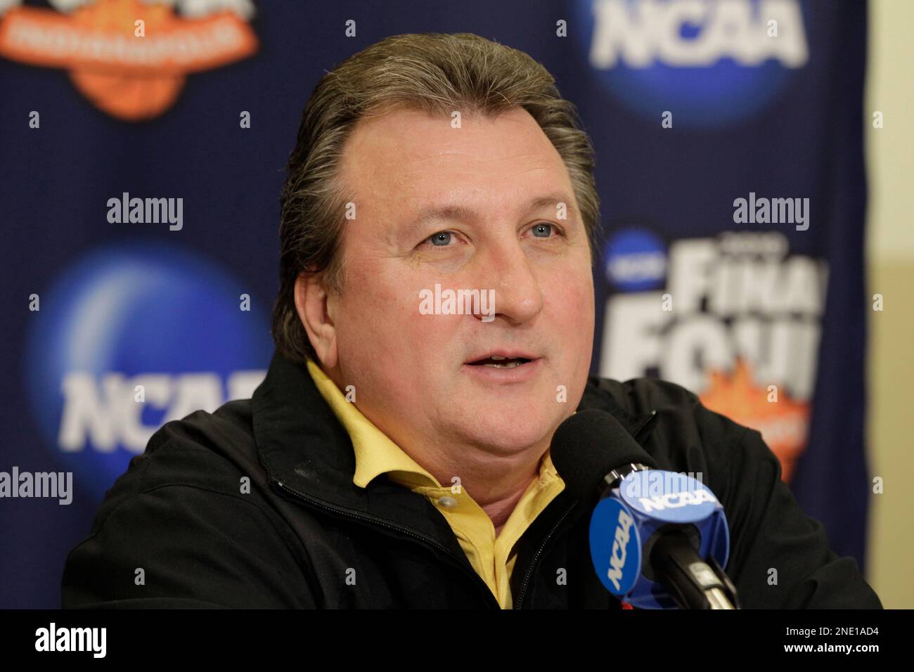 West Virginia head coach Bob Huggins speaks during an interview session