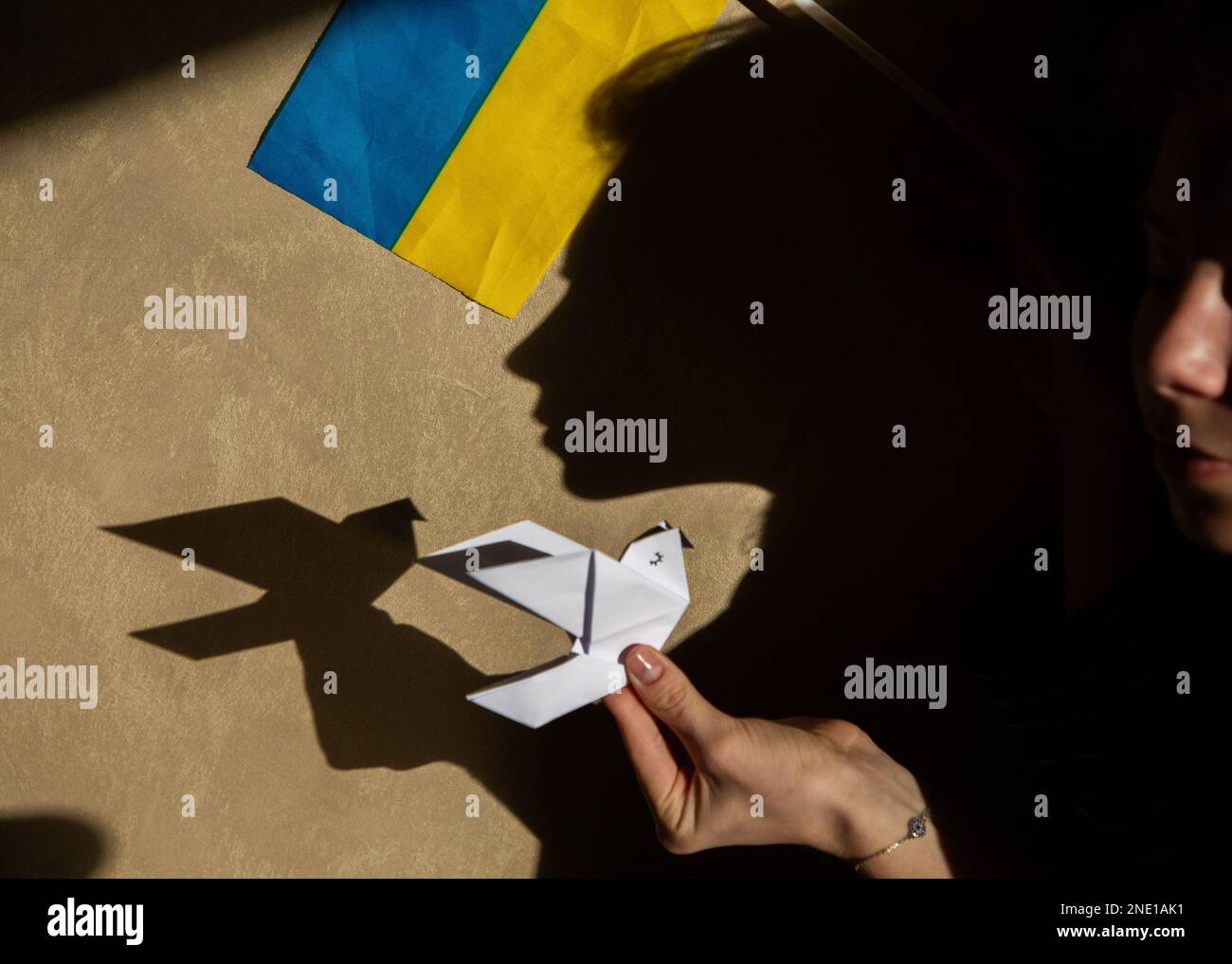 paper dove of peace in female hand, origami, contrast shadows and Ukrainian flag. concept of drawing attention to war in Ukraine. play of shadow and l Stock Photo