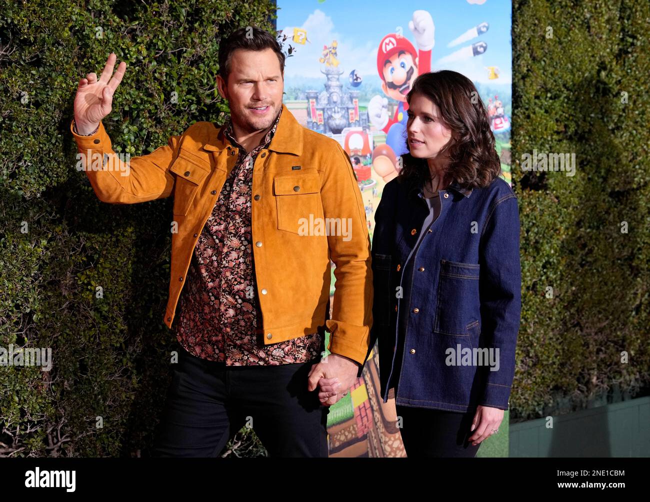 Chris Pratt and his wife Katherine Schwarzenegger pose together at the Super Nintendo World grand opening press event, Wednesday, Feb. 15, 2023, at Universal Studios Hollywood in Universal City, Calif. (AP Photo/Chris Pizzello) Stock Photo