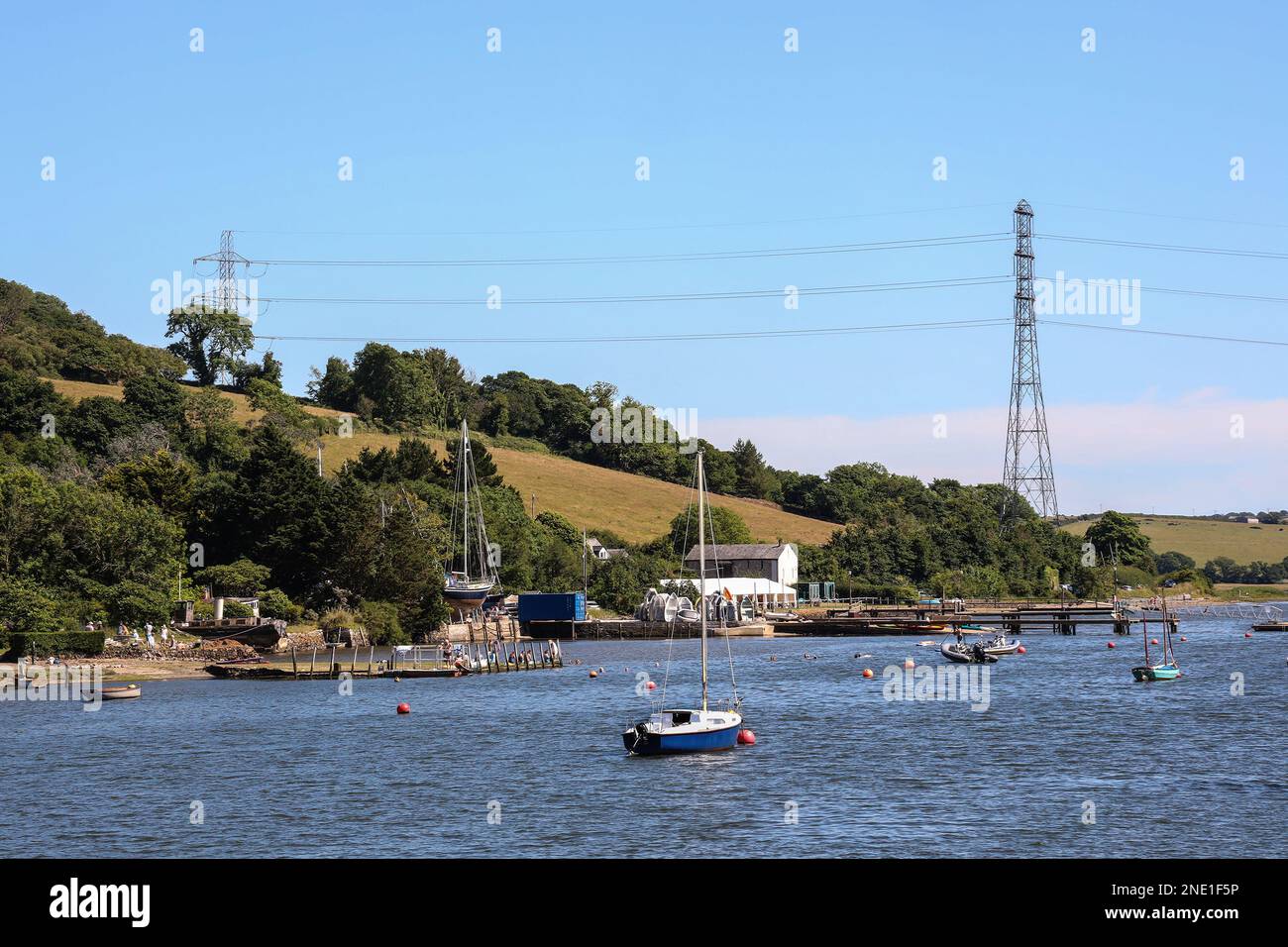 A busy day at Weir Quay on the sheltered Devon banks of the River Tamar. Taken on a cruise up the River Tamar from Plymouth, Summer 2022. Heatwave; Stock Photo
