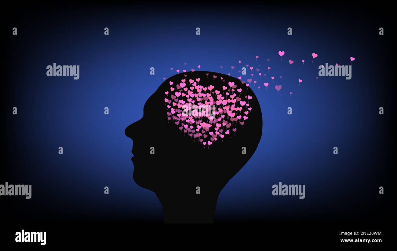 Silhouette of man head in profile with brain in form of heart from ...