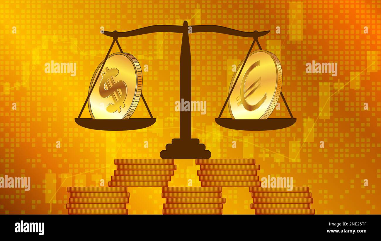 American dollar USD and Euro EUR on scales on stack of coins on golden