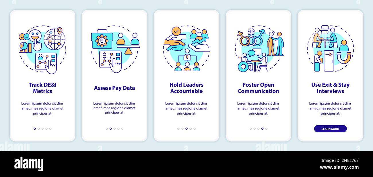 Making DEI efforts effective practices onboarding mobile app screen Stock Vector