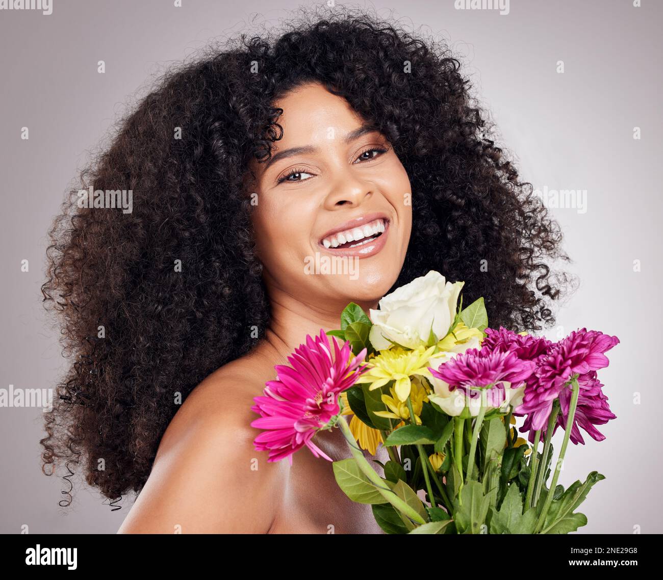 Skincare, portrait of black woman or sunflower in hair in studio for ...
