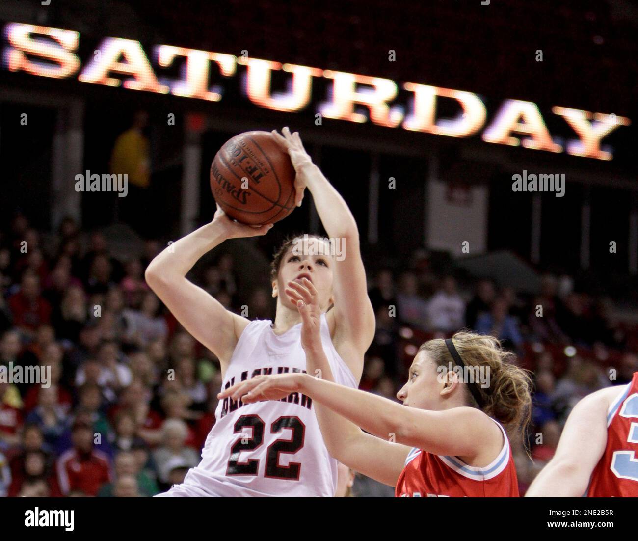 Black Hawk's Melissa Wellnitz (22) shoots against Wausau Newman's Megan