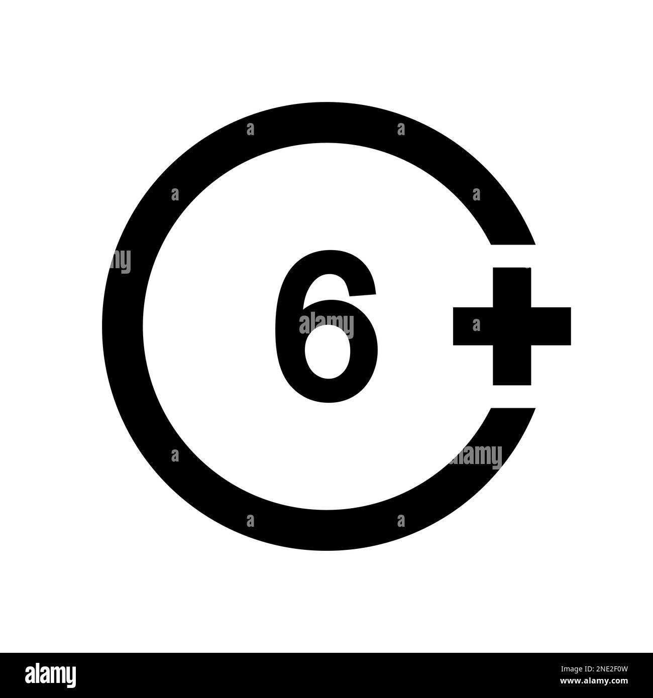 Six plus icon. Number 6 in circle isolated on white background. Age censor symbol. Movie viewing age limit label. Vector graphic illustration Stock Vector