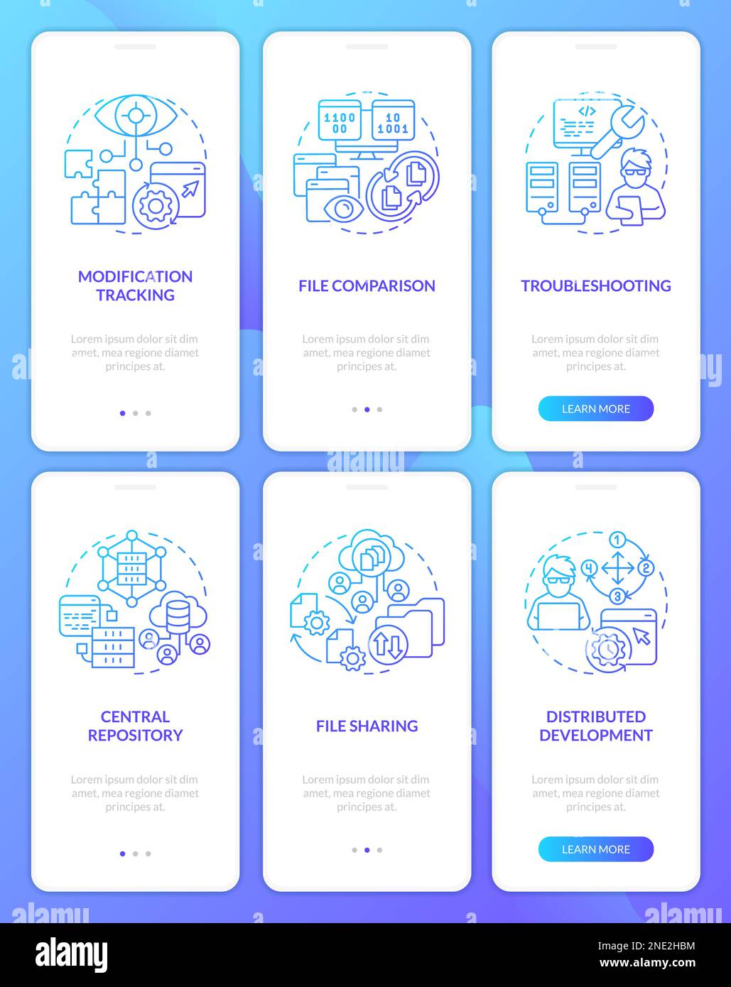 Version control system blue gradient onboarding mobile app screens set ...
