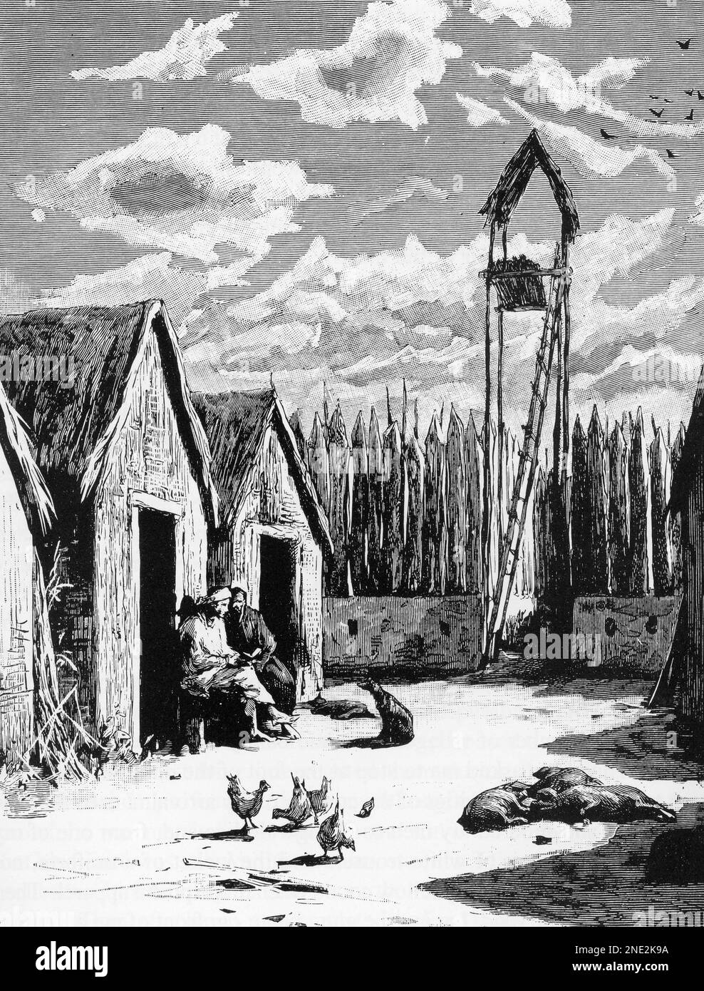 The huts of missionaries in Muong Ngan; sketch by Eugene Burnand (c.1882) Stock Photo