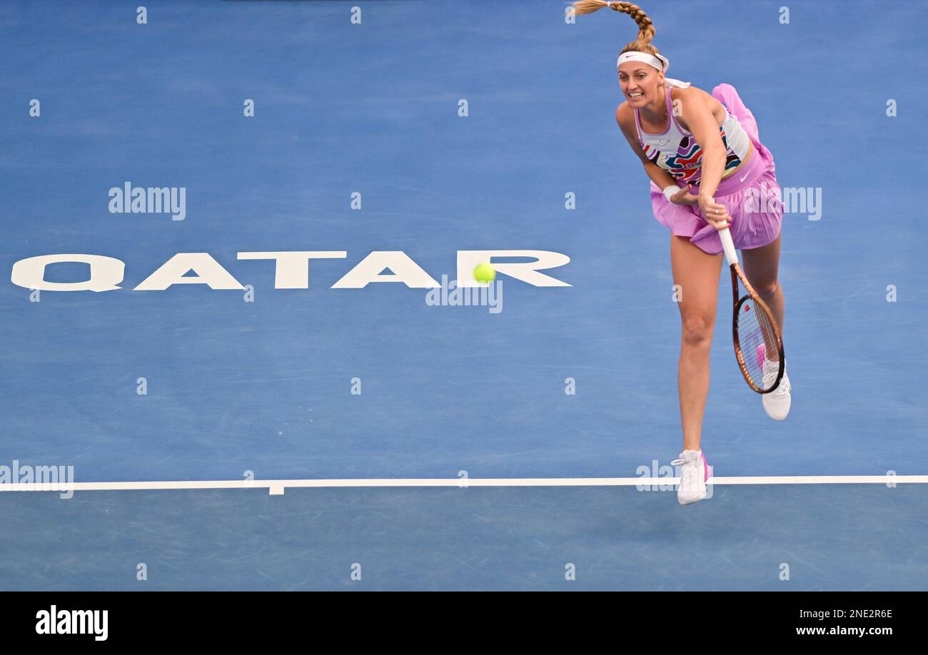 Doha, Qatar. 15th Feb, 2023. Petra Kvitova of the Czech Republic serves