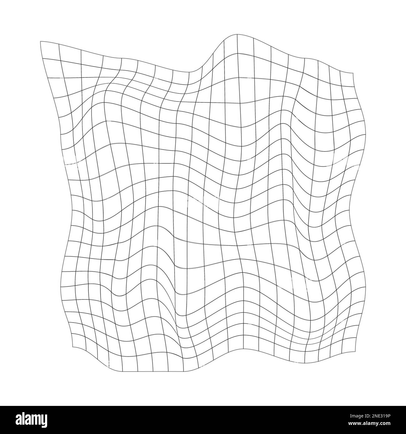 Distorted square grid. Mesh warp texture. Bented net isolated on white background. Curvatured lattice. Checkered pattern deformation Stock Vector