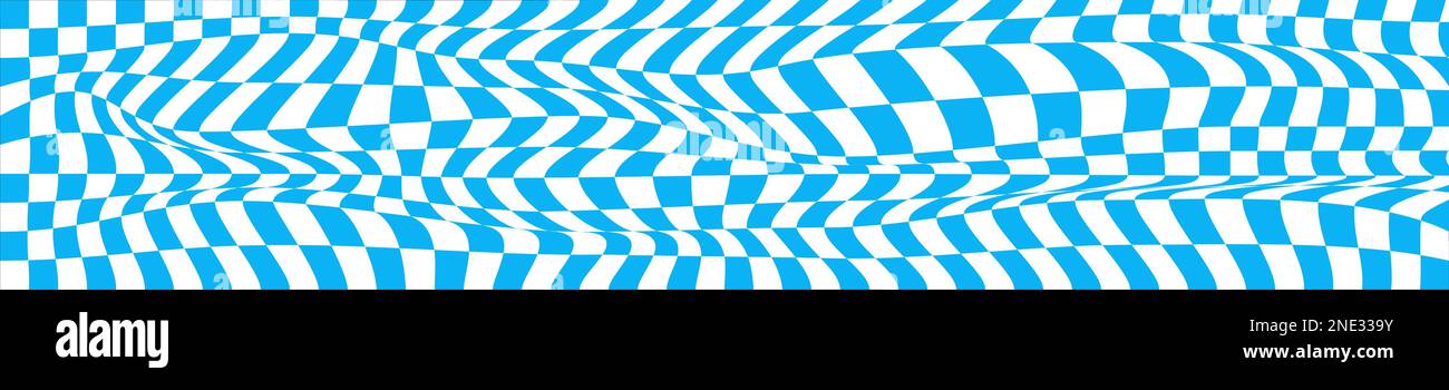 Distorted blue and white chessboard background. Chequered optical illusion effect. Psychedelic pattern with squares. Warped checkerboard texture Stock Vector