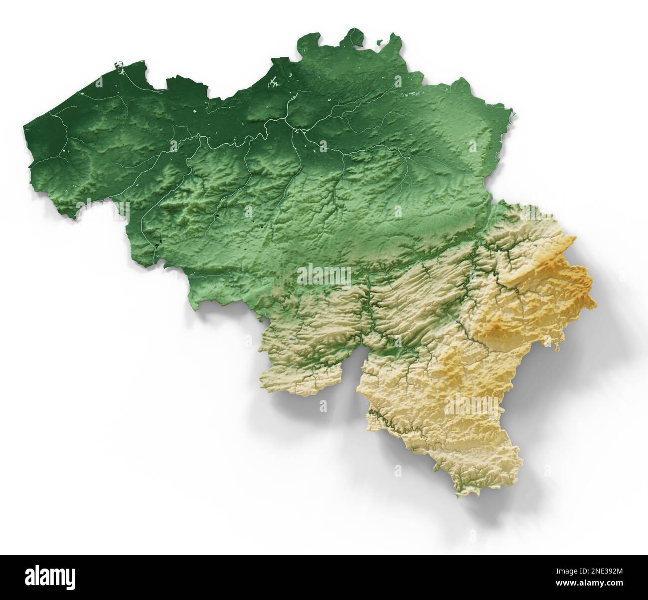 Belgium. Highly detailed 3D rendering of shaded relief map with rivers and lakes. Colored by elevation. Created with satellite data. Stock Photo