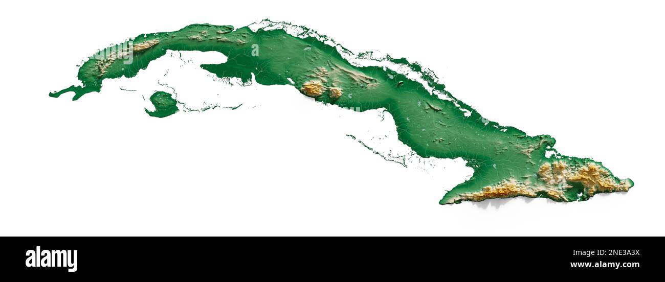 Cuba. Highly detailed 3D rendering of shaded relief map with rivers and lakes. Colored by elevation. Created with satellite data. Stock Photo