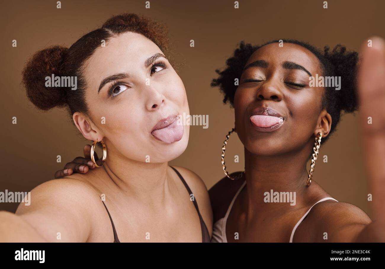 Beauty, friends and tongue with selfie of black women for social media,  skincare and fashion. Happy, silly and picture with funny face of girl for  Stock Photo - Alamy, image size:1300x908