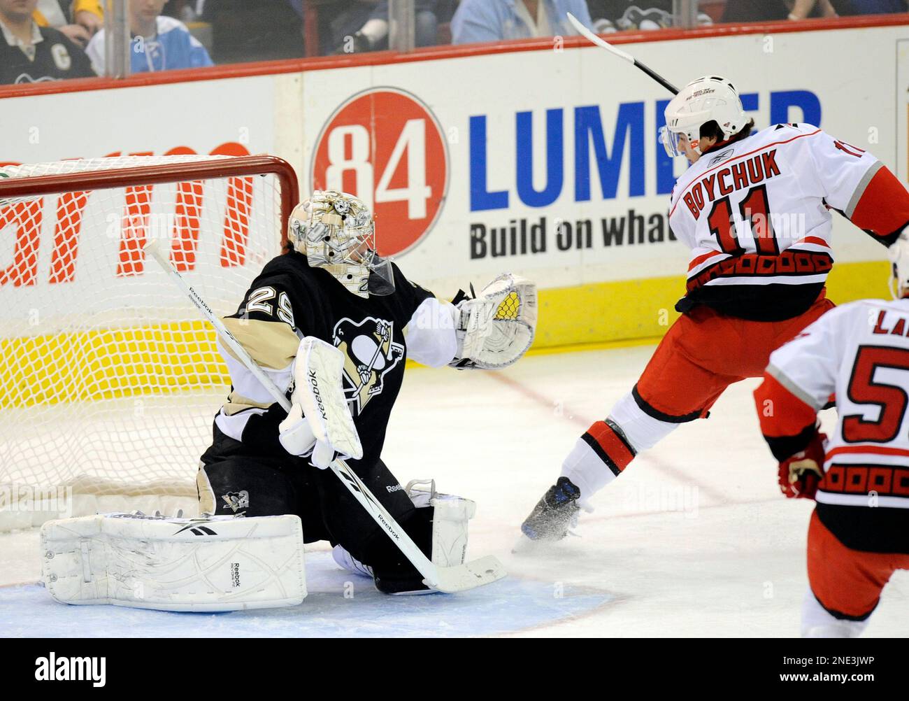 Carolina Hurricanes center Zach Boychuk (11) scores past Pittsburgh