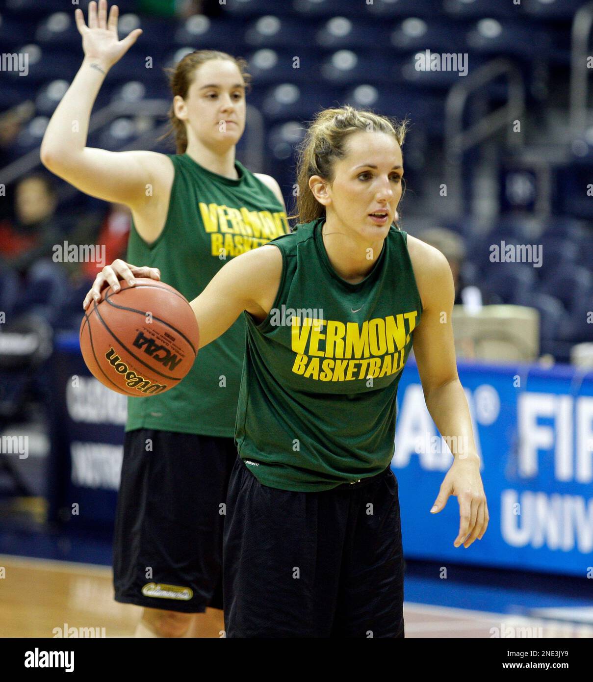 Vermont s May Kotsopoulos front dribbles in front of Courtnay Pilypaitis during NCAA college basketball practice in South Bend Ind. Saturday March 20 2010. Vermont plays Wisconsin in a first round gam...