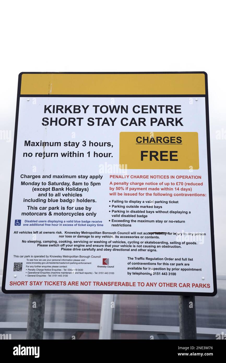 Car park pay and display parking charges notice in Kirkby Town Centre