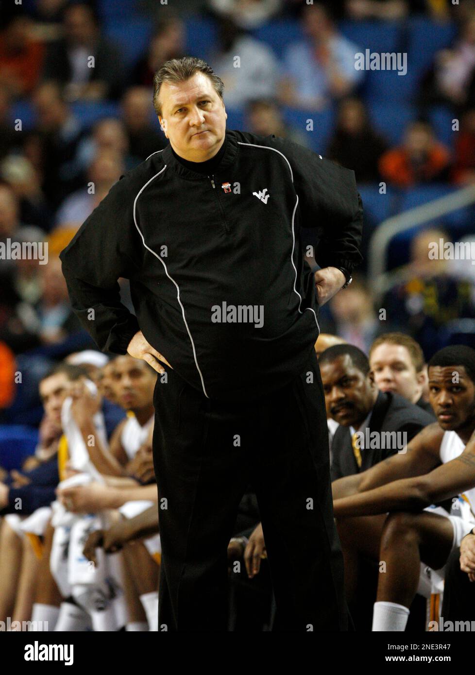West Virginia head coach Bob Huggins reacts during the first half of an NCAA firstround college
