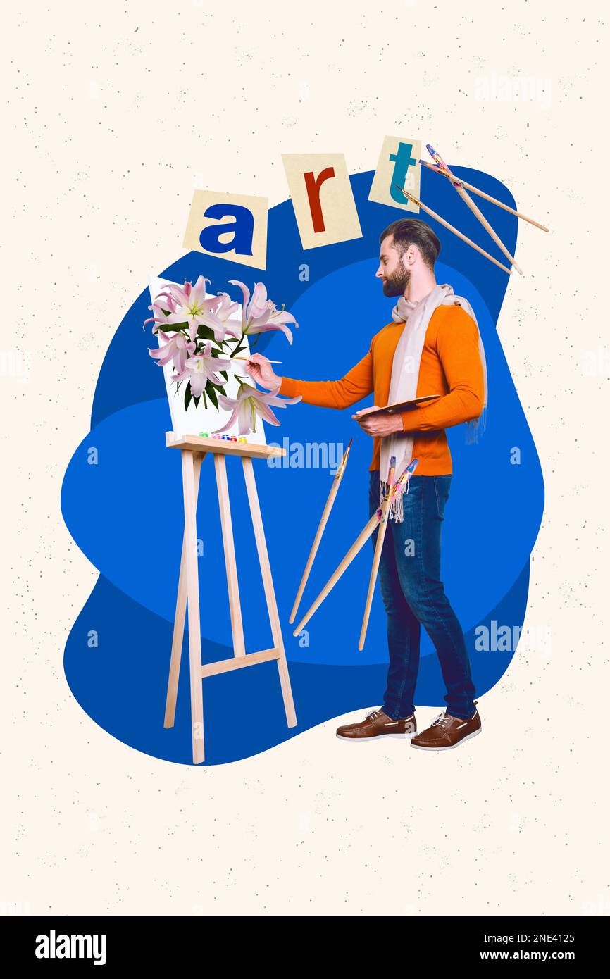 Creative artwork photo collage of young professional artist man wear