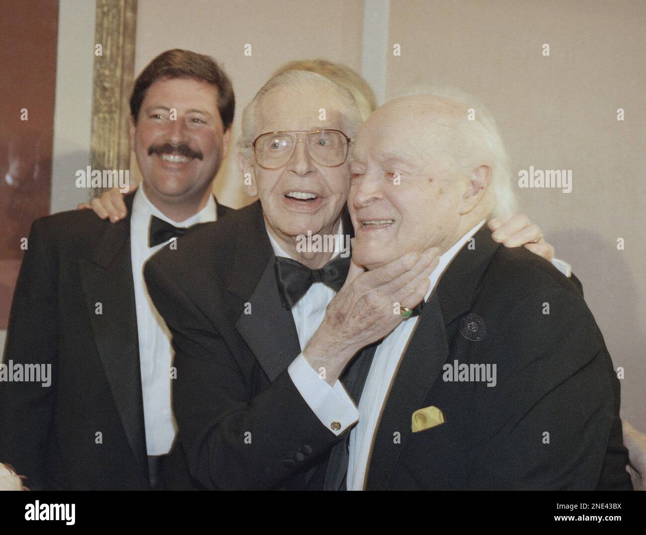 Comics Milton Berle, left, and Bob Hope share a moment during Berle?s ...