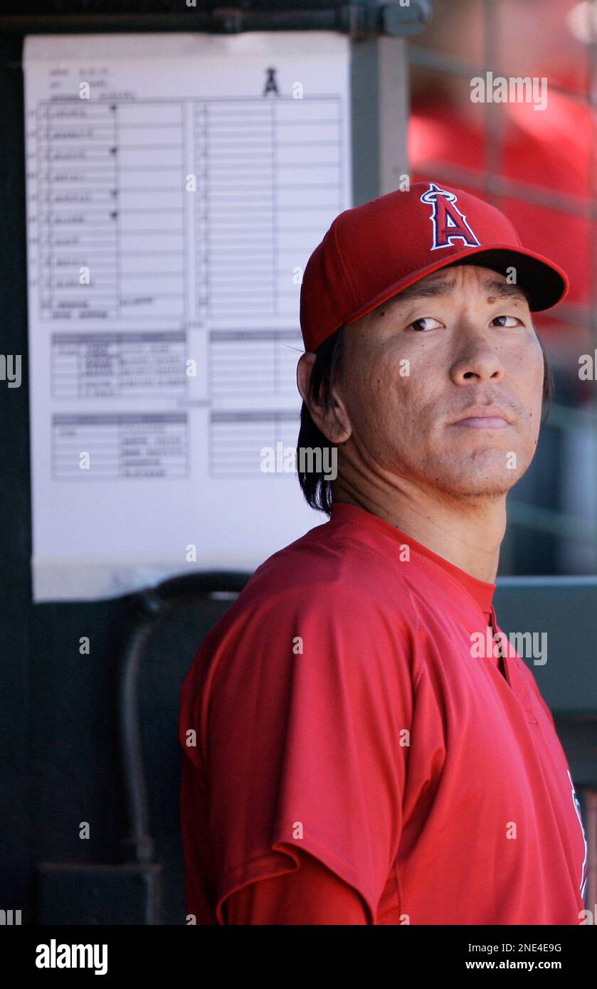 Los Angeles Angels' Hideki Matsui warms up before the start of a spring  training baseball game San Diego Padres Tuesday, March 9, 2010, in Tempe,  Ariz. The Angels defeated the Padres 6-5. (