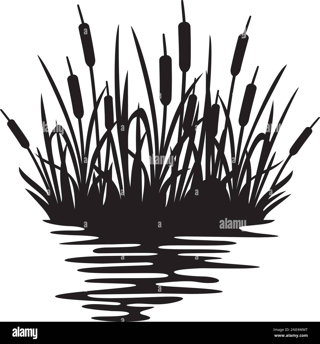 Reeds silhouette design reflecting over the lake or river. Illustration of bulrush and grass or river. Stock Vector