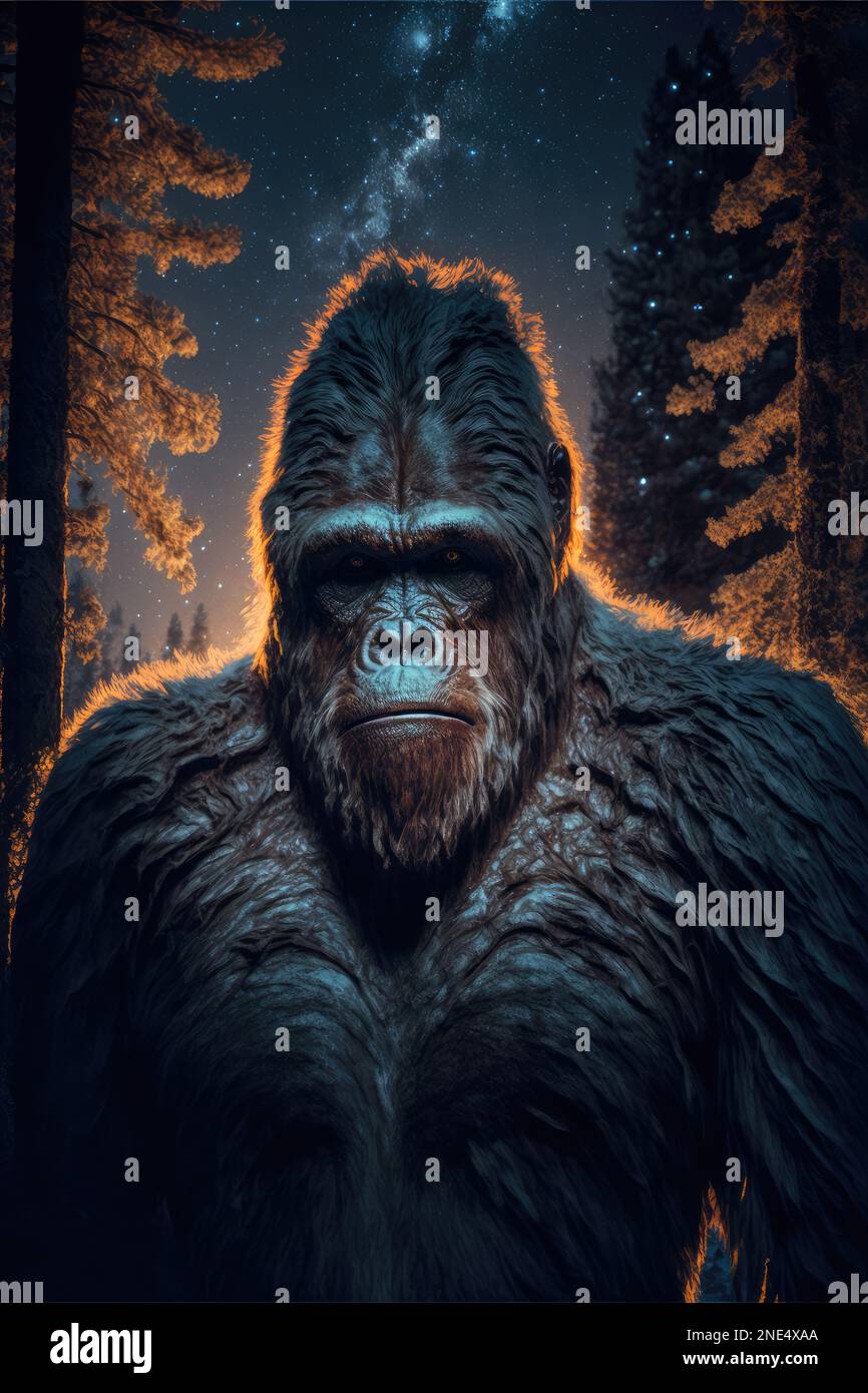 An AI generated illustration of a sasquatch in the forest Stock Photo