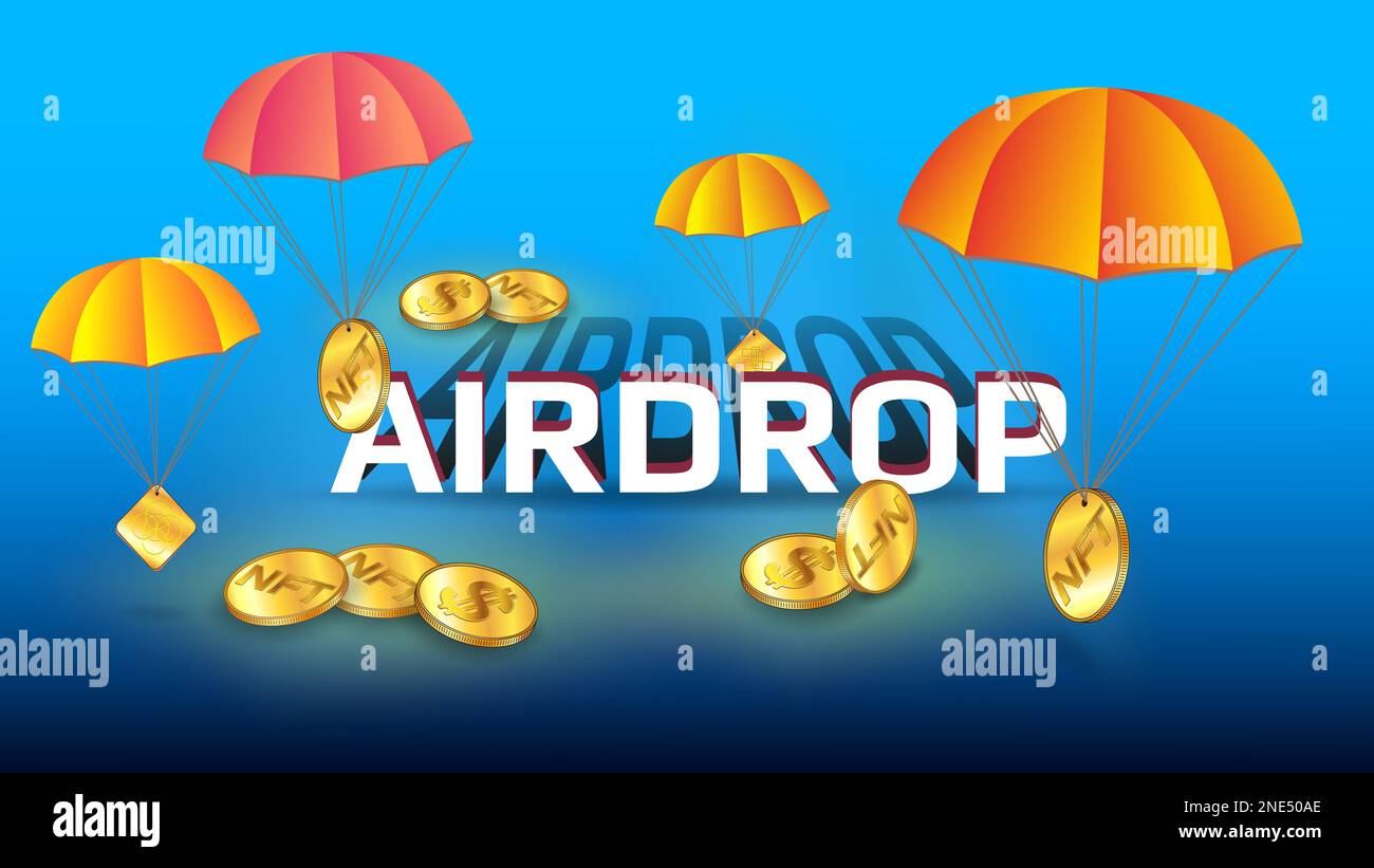Free airdrop Dollar USD and NFT non fungible token with golden coins and  orange parachutes on light blue background. Distribution of collectible NFT  Stock Photo - Alamy