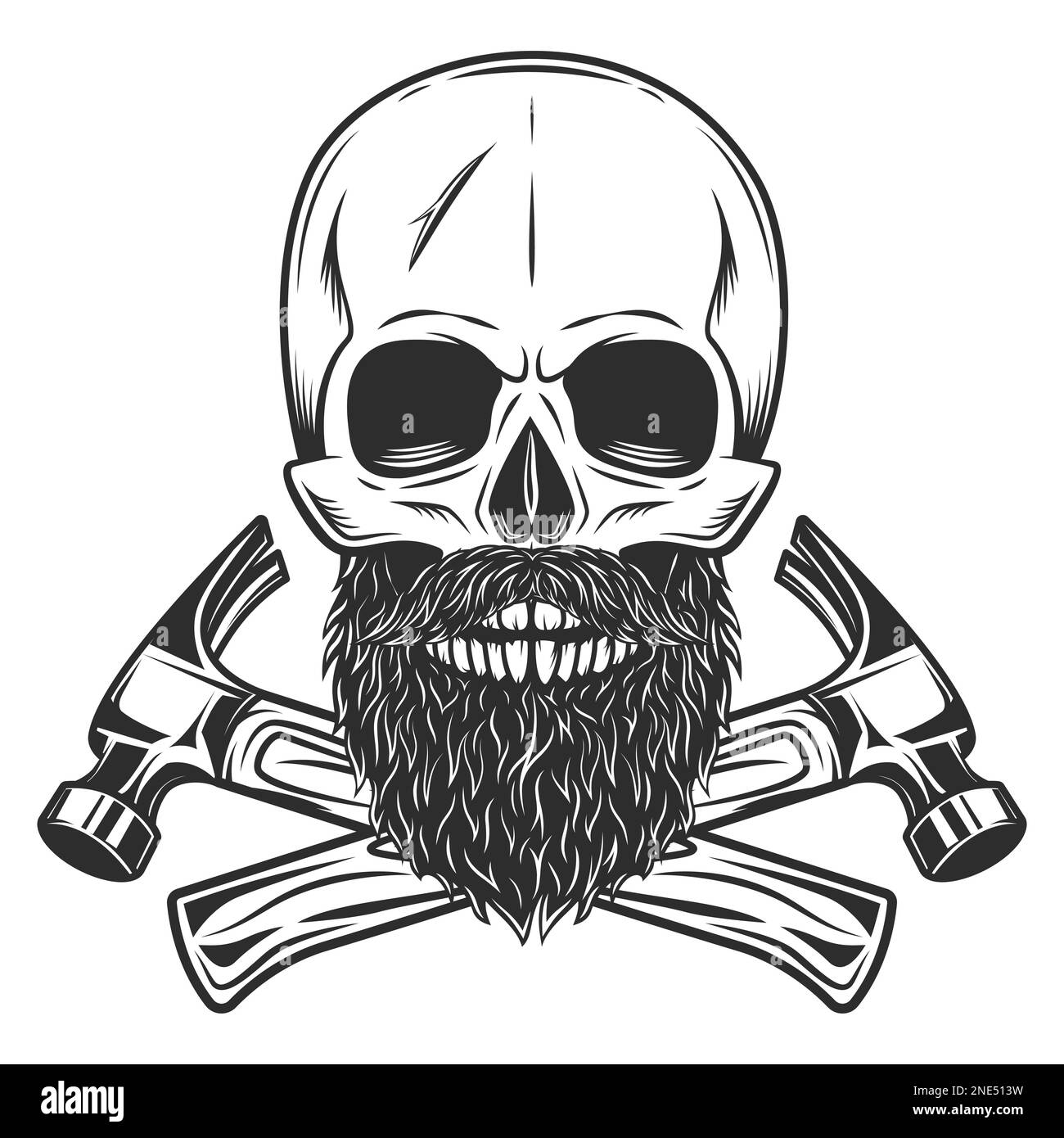 Skull with mustache and beard and crossed builder hammers from new construction and remodeling house business in monochrome vintage style isolated Stock Photo