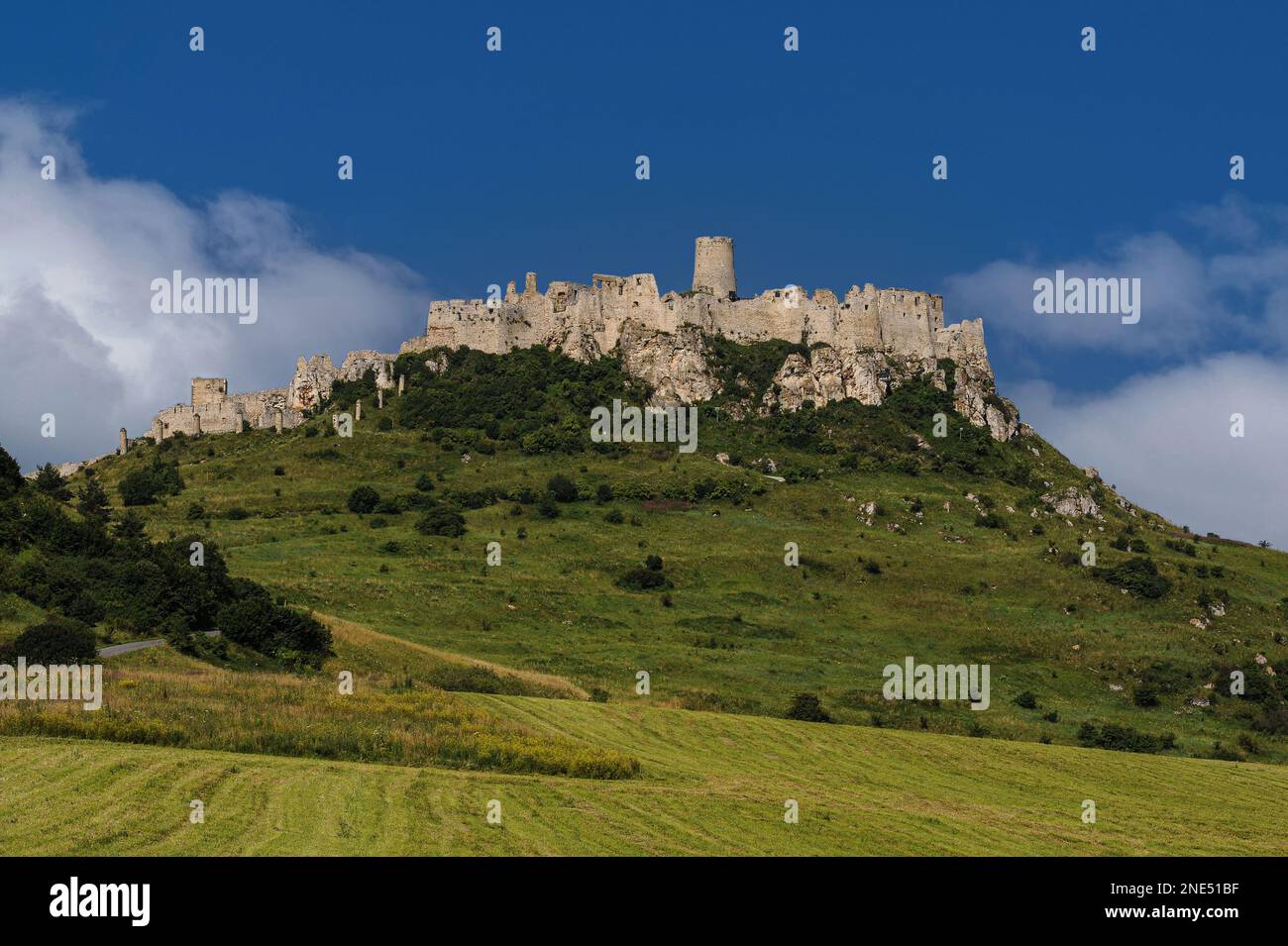 Spiš Castle, a mighty medieval fortress built by Hungarian kings, stands on a 200m-high limestone spur in the Košice Region of eastern Slovakia.  Standing stone columns descending the slope to the left were once connected by baulks of timber to form a first line of defence against attackers seeking to assault the main gate, which was further protected by a deep ditch and a high wall. Stock Photo