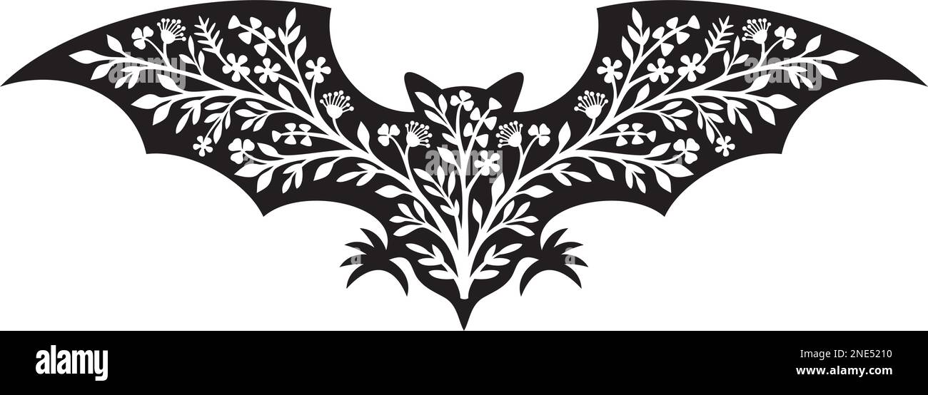 Floral bat black and white. Vector illustration. Stock Vector