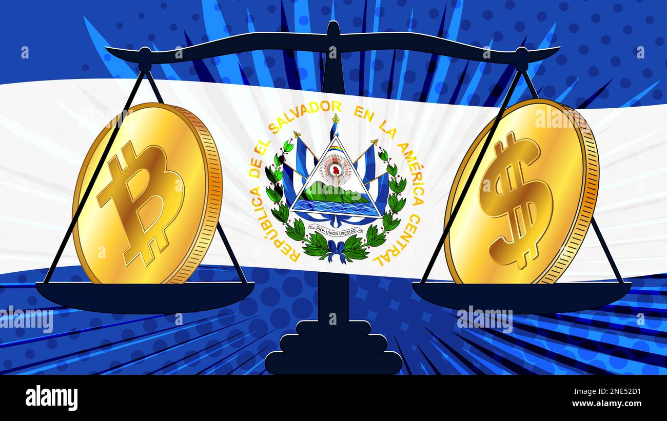 Gold coin of Bitcoin BTC and american dollar USD on scales with El Salvador  colored flag on background. Central Bank of El Salvador has passed laws on  Stock Photo - Alamy