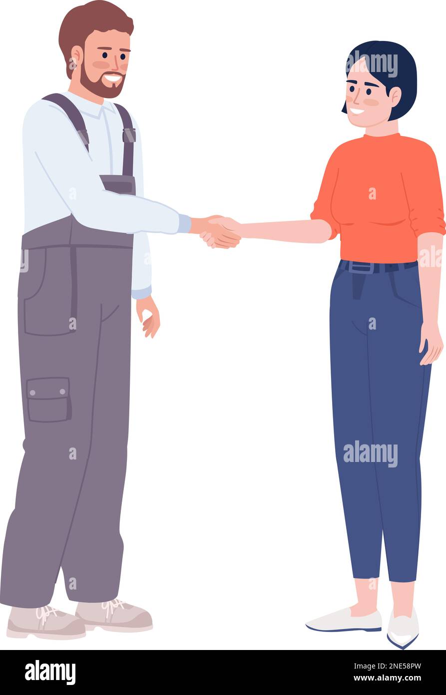 Maintenance technician and female client shaking hands semi flat color vector characters Stock Vector