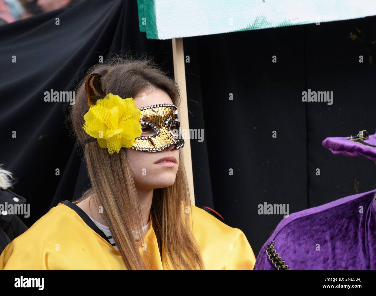 A portrait of female wearing golden carnival mask Stock Photo - Alamy